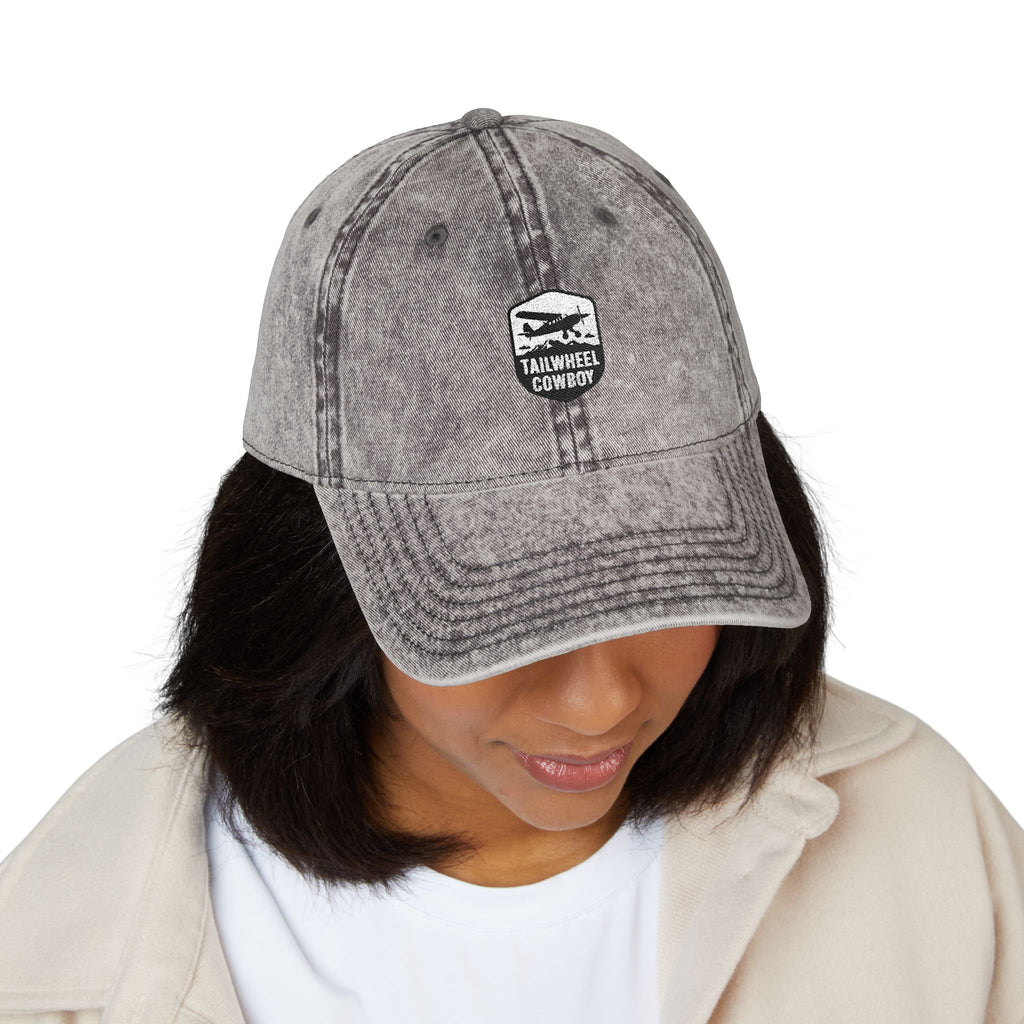 Vintage Embroidered Cap — Washed Grey 'Tailwheel Cowboy' Patch