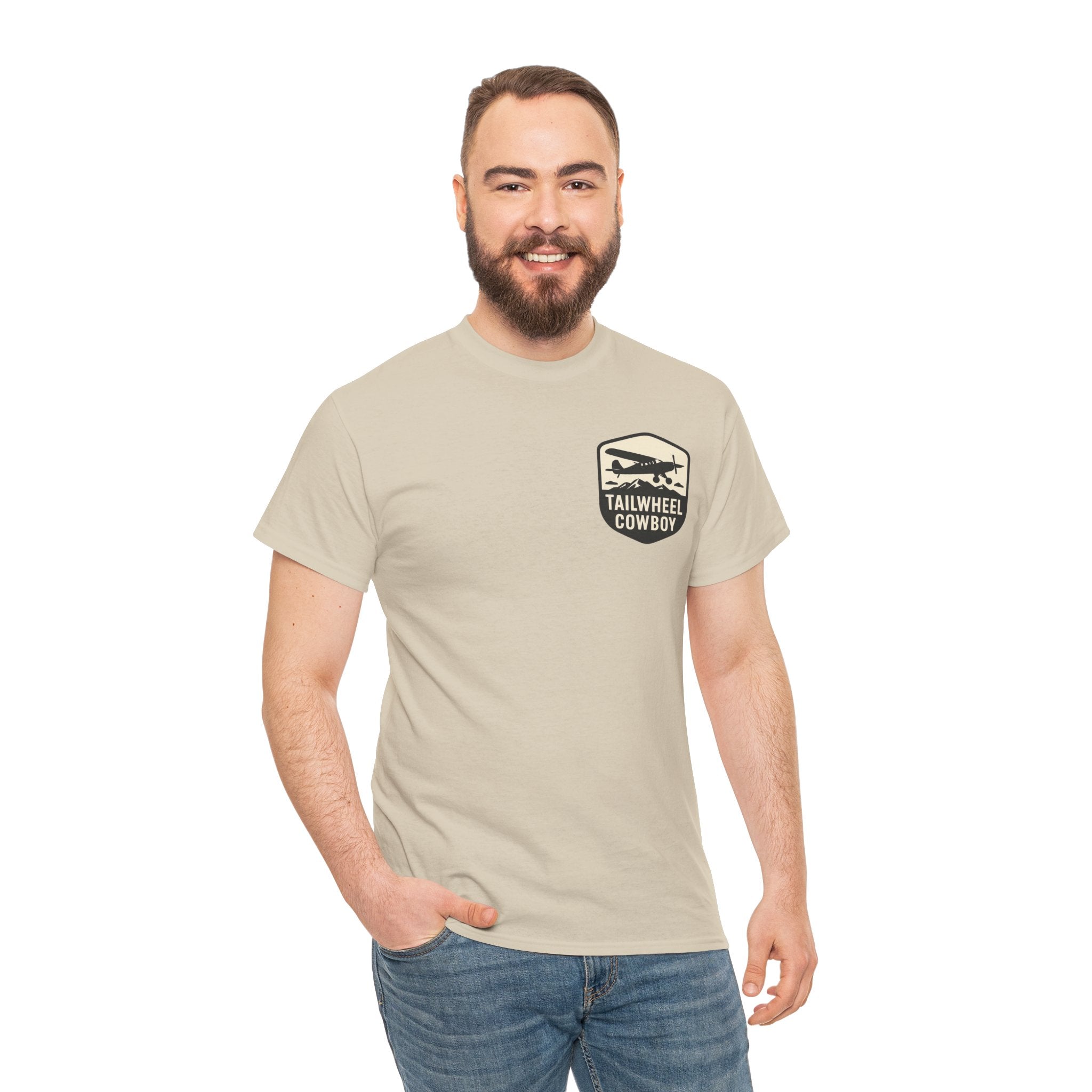 Tailwheel Cowboy T-Shirt — Vintage Aviation Tee with Chest Emblem