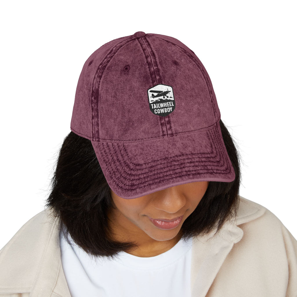Vintage Embroidered Cap — Washed Grey 'Tailwheel Cowboy' Patch