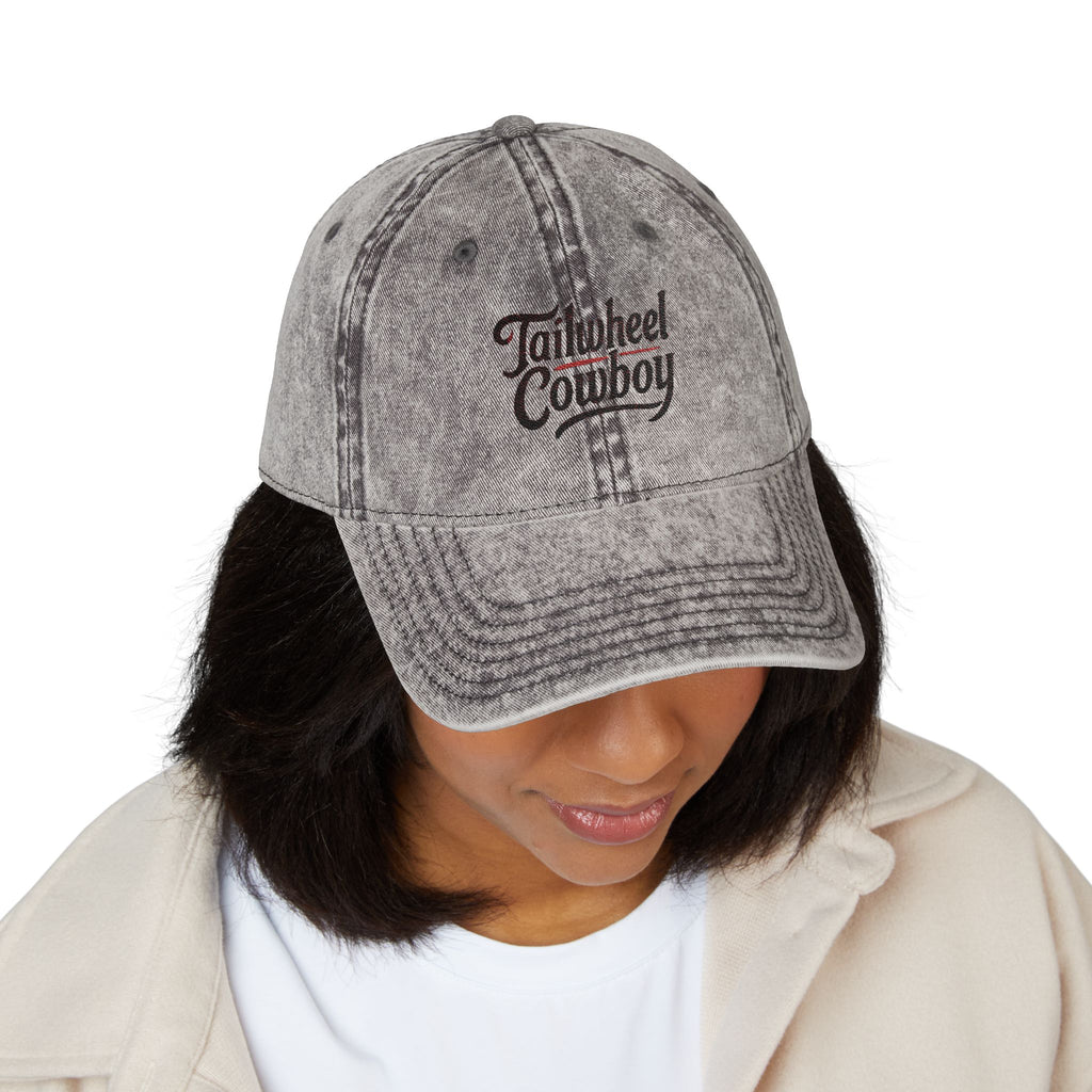 Vintage Cowboy Embroidered Cap — 'Tailwheel Cowboy' Distressed Dad Hat