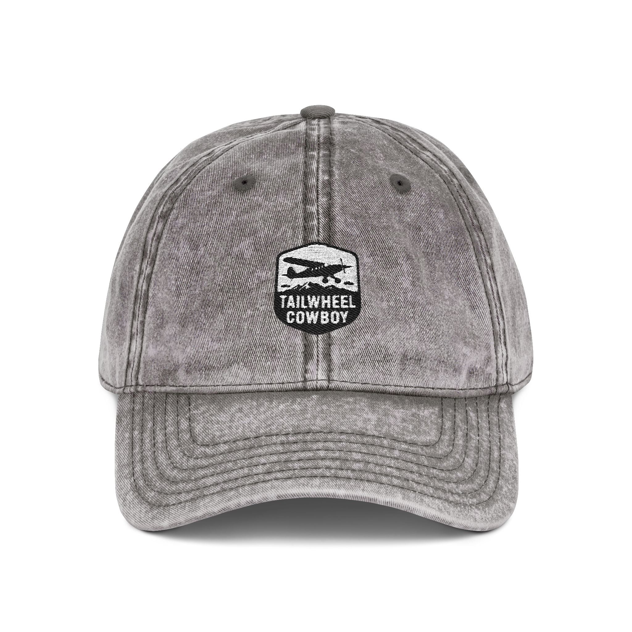 Vintage Embroidered Cap — Washed Grey 'Tailwheel Cowboy' Patch