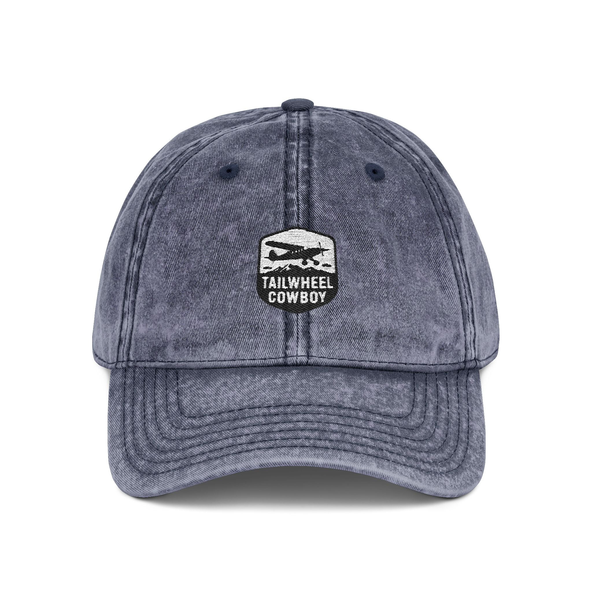 Vintage Embroidered Cap — Washed Grey 'Tailwheel Cowboy' Patch