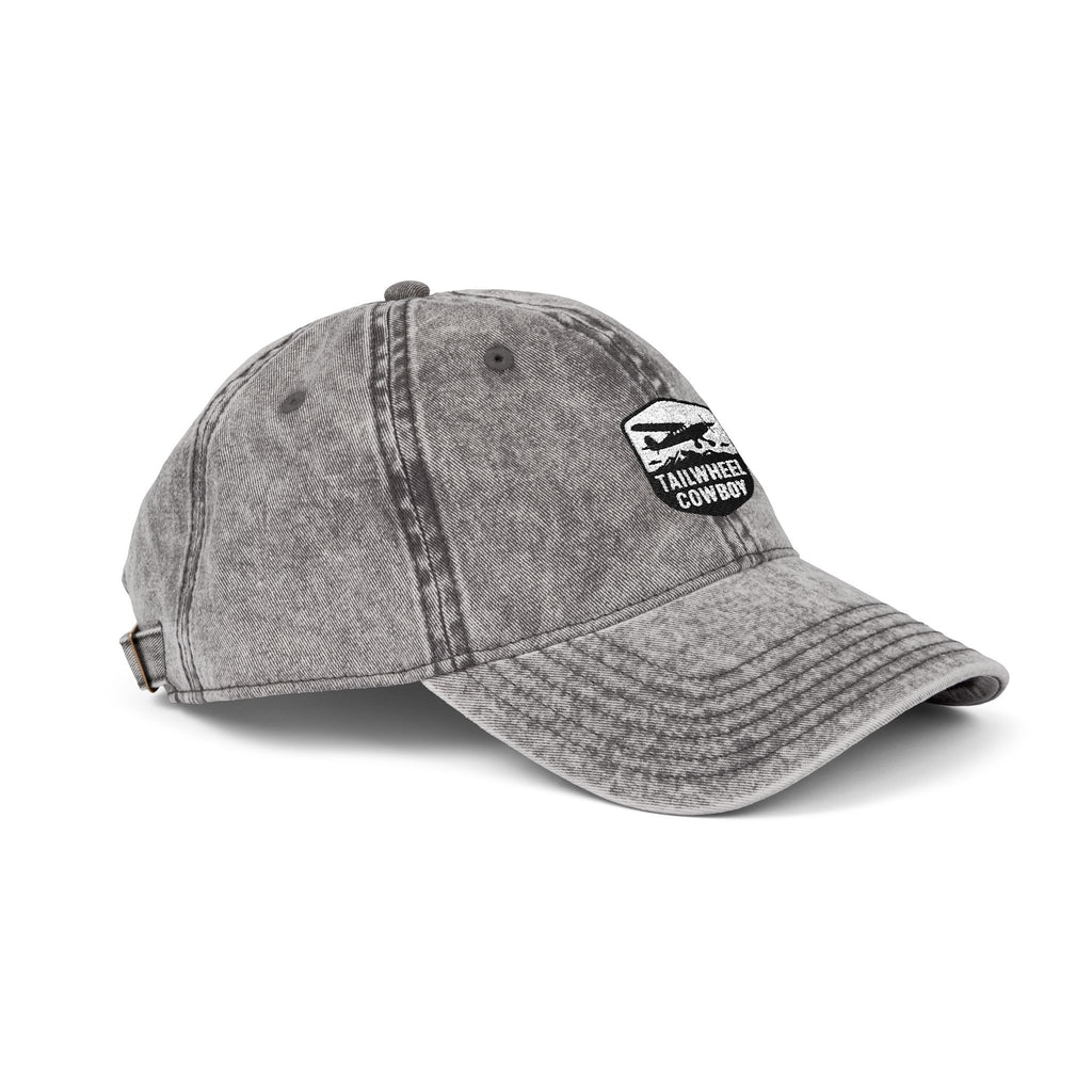 Vintage Embroidered Cap — Washed Grey 'Tailwheel Cowboy' Patch