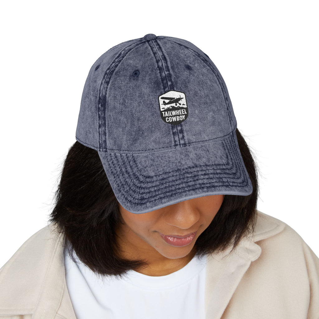 Vintage Embroidered Cap — Washed Grey 'Tailwheel Cowboy' Patch